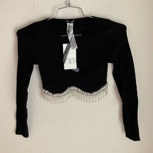 NWT Zara Limitless Contour Collection Beaded Pearl Long Sleeve Top